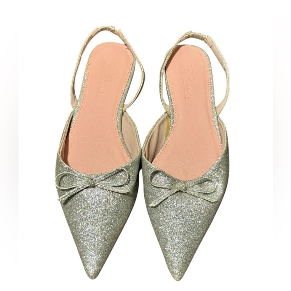 ASOS Bow Flat Shoes Slingback Silver Glitter Women's Size 5